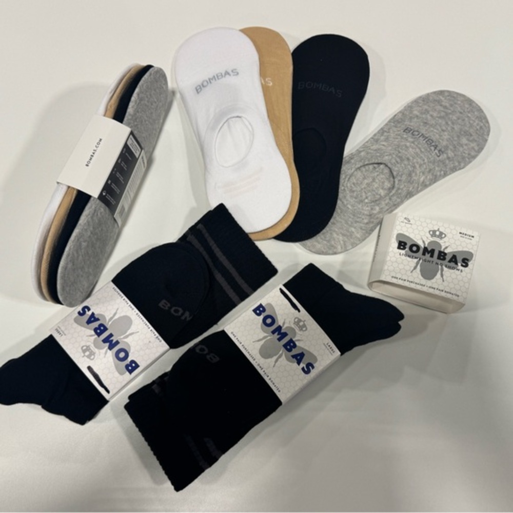 10 Ct Bombas Unisex Socks 2 ea Black White Gray Tan No Show MED & 2 Calf Blk LG